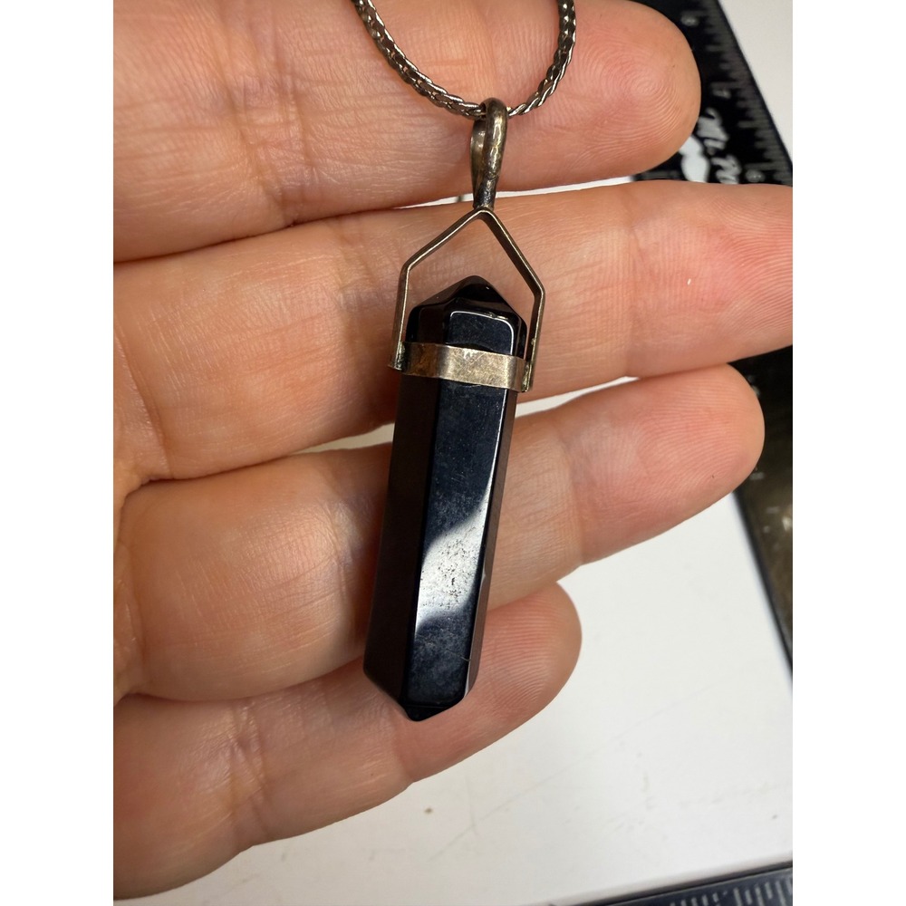 Black Onyx Crystal Point Pendant Necklace Silver Tone Chain Gothic Minimalist